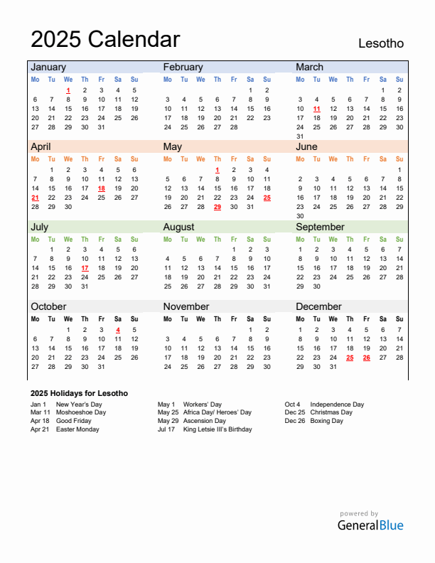 Calendar 2025 with Lesotho Holidays