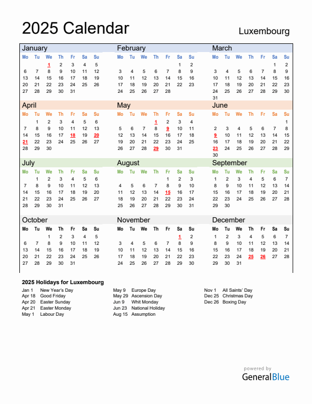 Calendar 2025 with Luxembourg Holidays