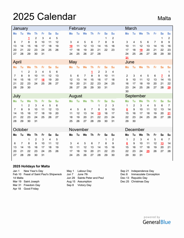 Calendar 2025 with Malta Holidays