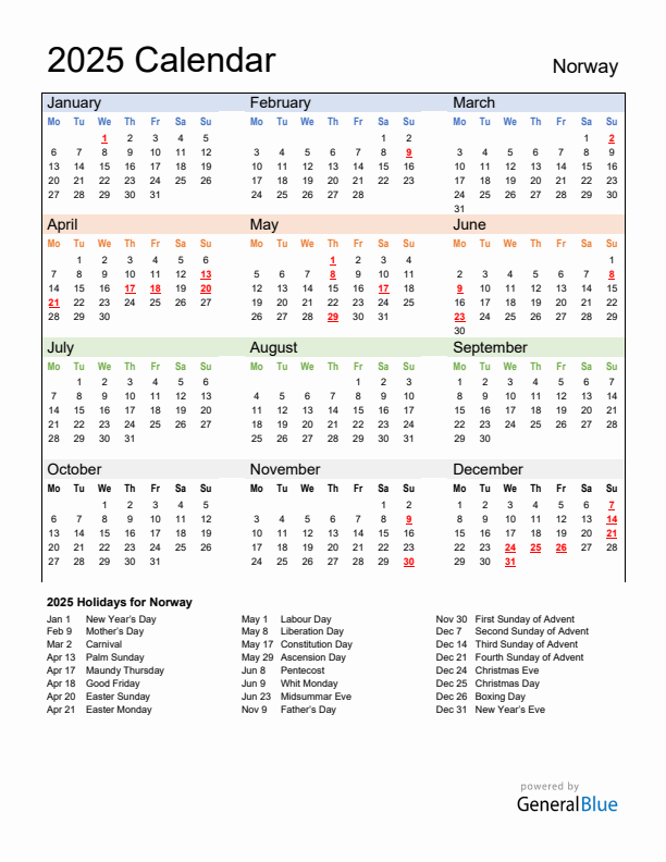 Calendar 2025 with Norway Holidays