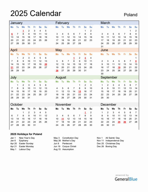 Calendar 2025 with Poland Holidays