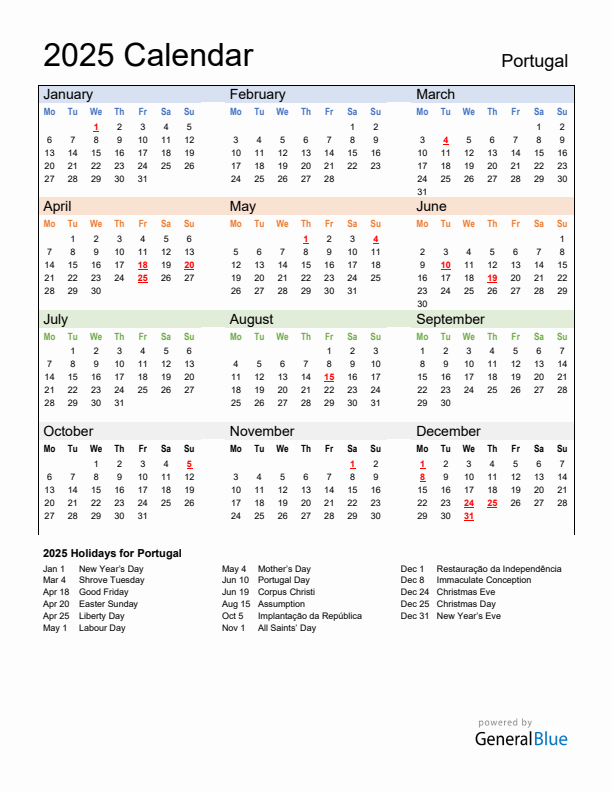 Calendar 2025 with Portugal Holidays