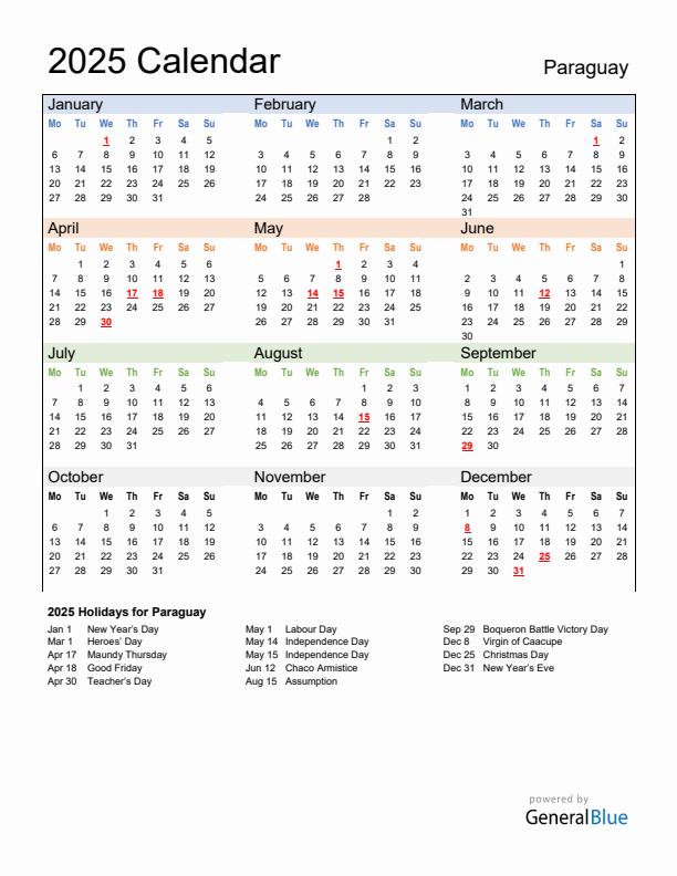 Calendar 2025 with Paraguay Holidays