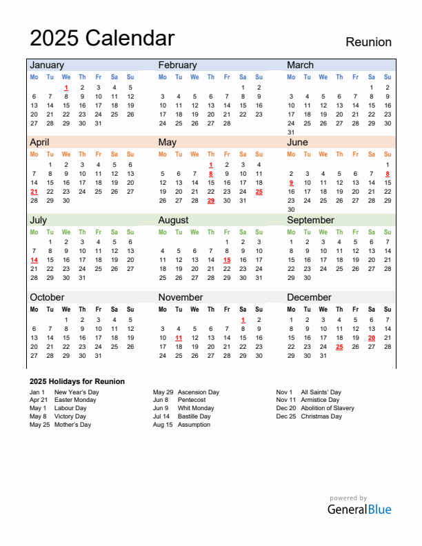 Calendar 2025 with Reunion Holidays