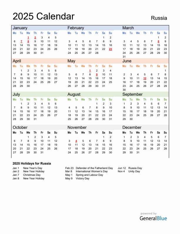 Calendar 2025 with Russia Holidays