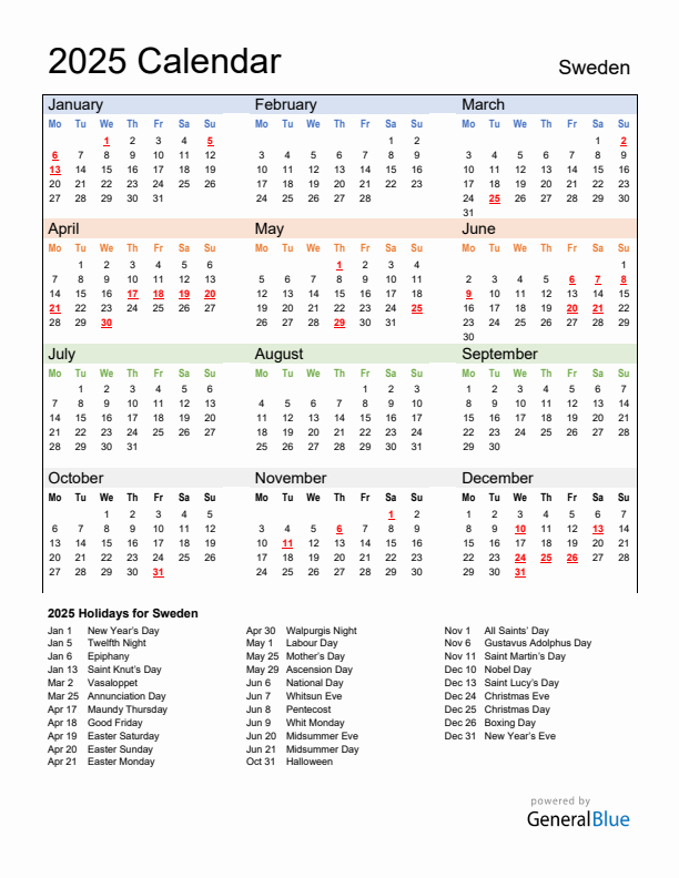 Calendar 2025 with Sweden Holidays