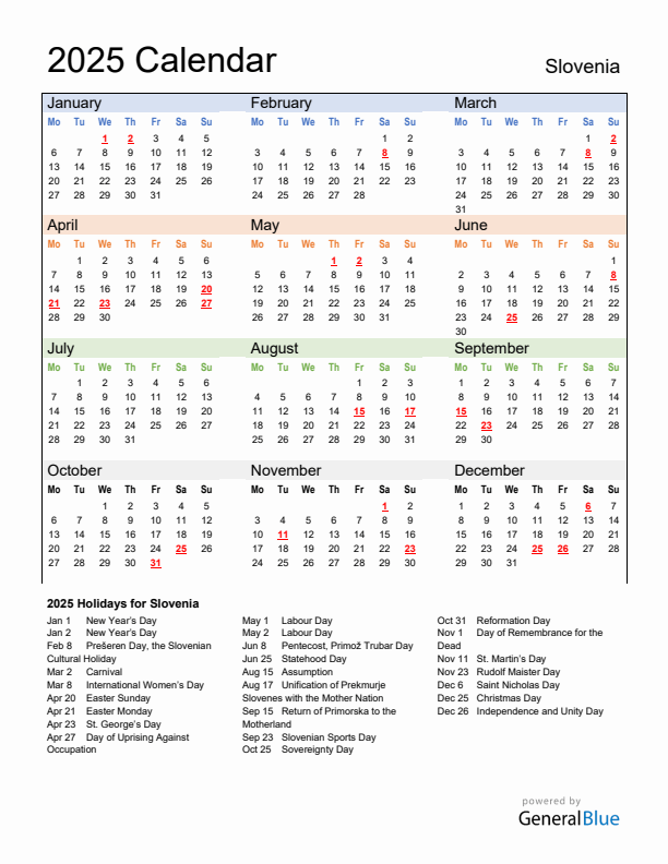 Calendar 2025 with Slovenia Holidays