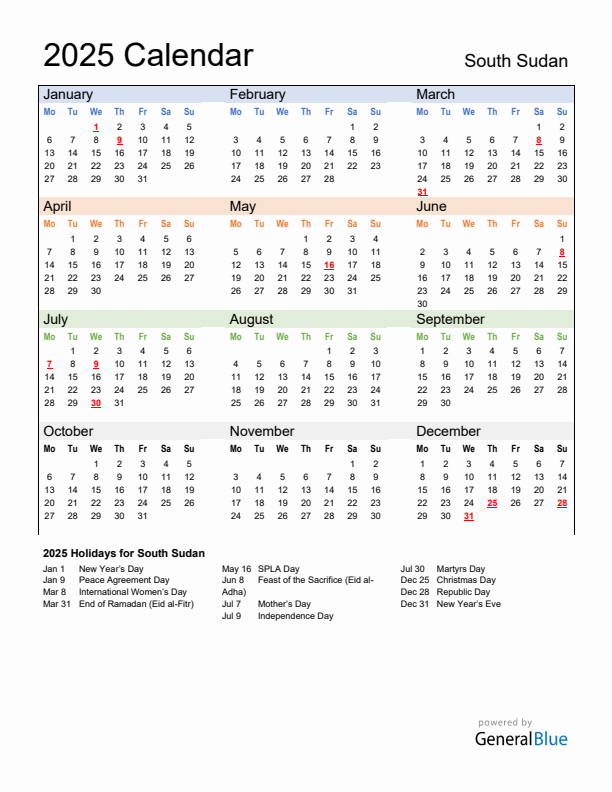 Calendar 2025 with South Sudan Holidays