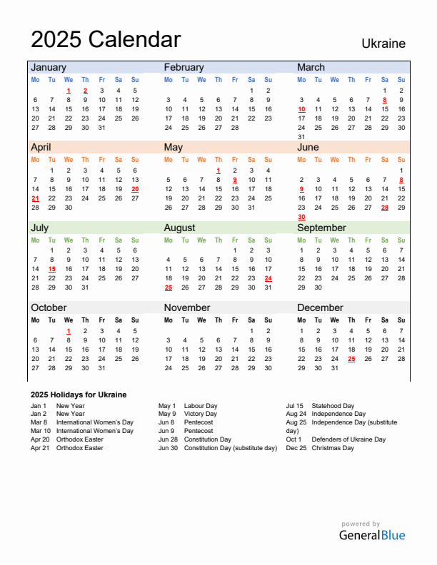 Calendar 2025 with Ukraine Holidays