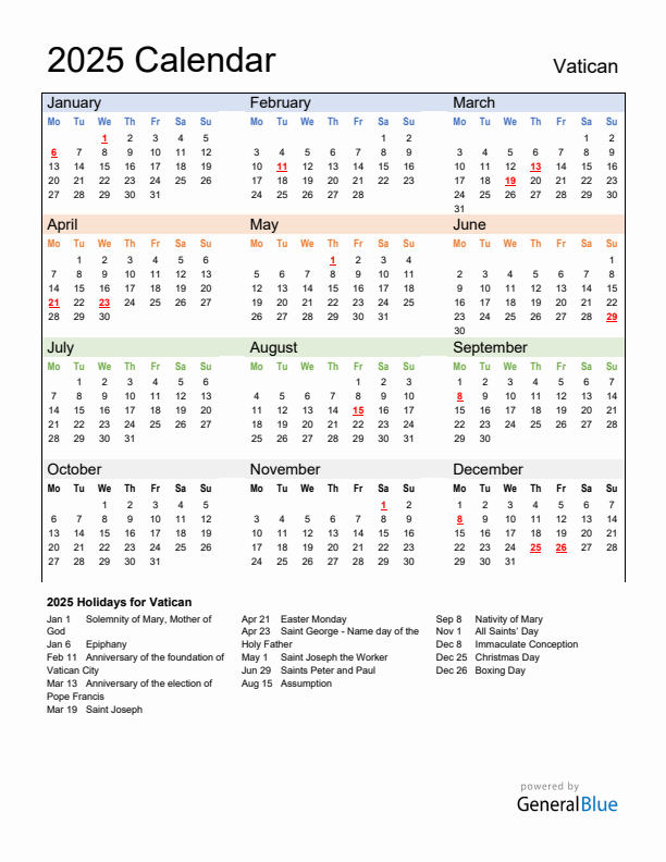 Calendar 2025 with Vatican Holidays