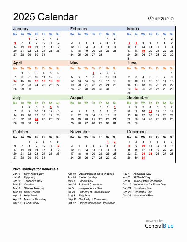 Calendar 2025 with Venezuela Holidays