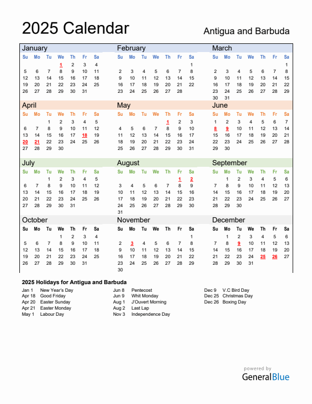 Calendar 2025 with Antigua and Barbuda Holidays