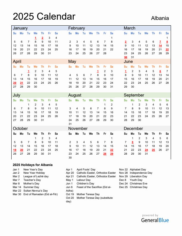 Calendar 2025 with Albania Holidays