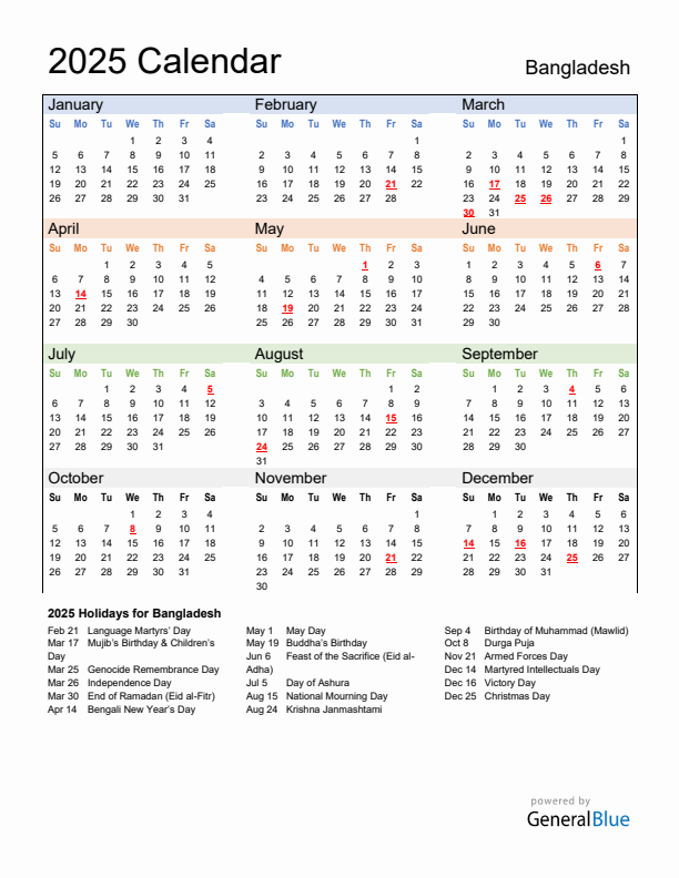 Calendar 2025 with Bangladesh Holidays