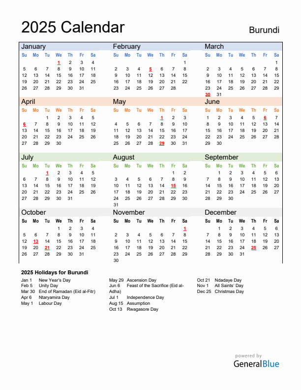 Calendar 2025 with Burundi Holidays