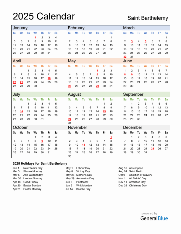 Calendar 2025 with Saint Barthelemy Holidays