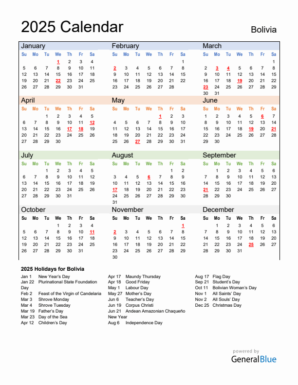 Calendar 2025 with Bolivia Holidays