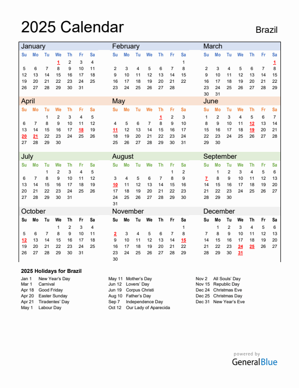 Calendar 2025 with Brazil Holidays