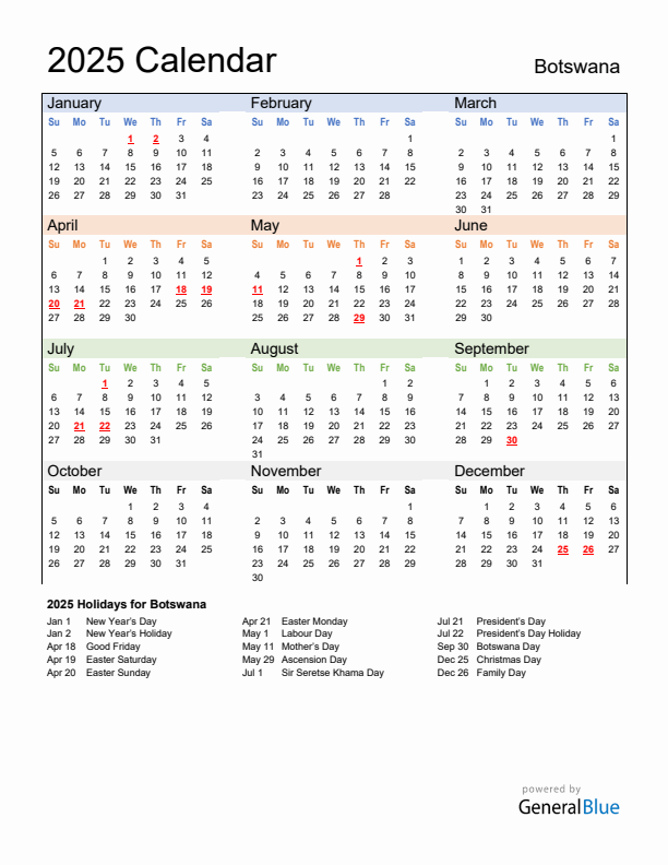 Calendar 2025 with Botswana Holidays