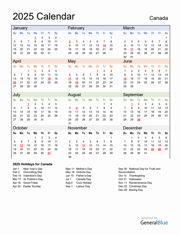 Calendar 2025 with Canada Holidays