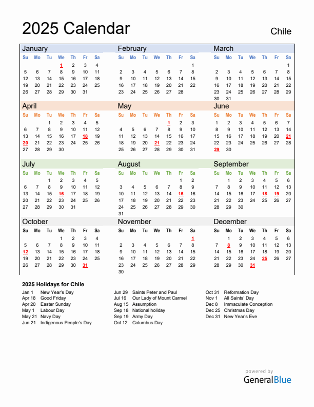 Calendar 2025 with Chile Holidays