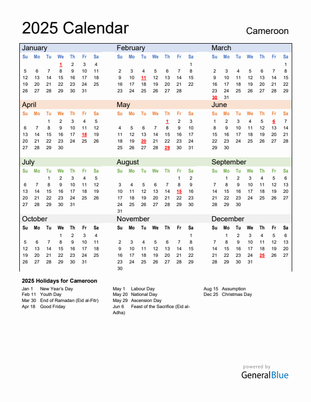 Calendar 2025 with Cameroon Holidays