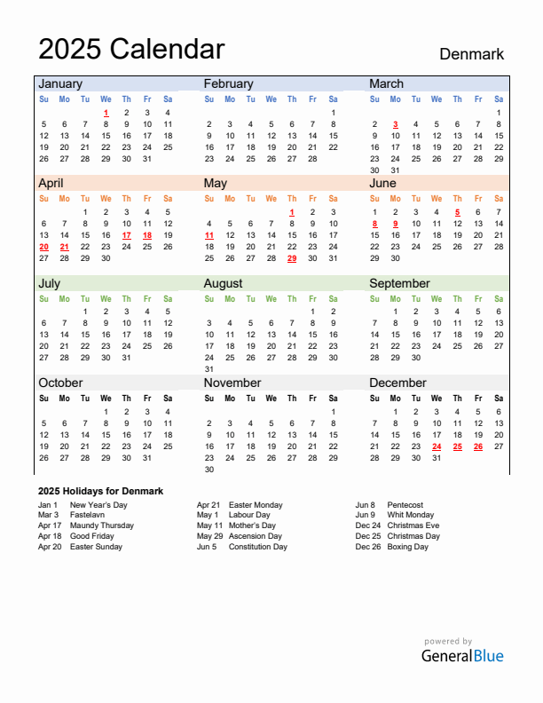 Calendar 2025 with Denmark Holidays