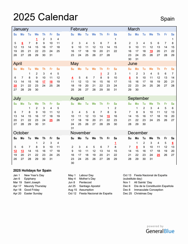 Calendar 2025 with Spain Holidays