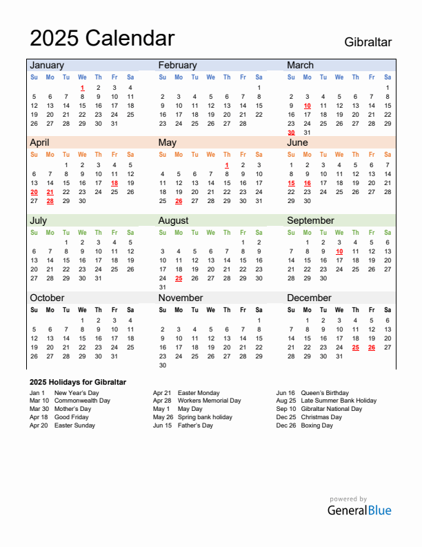 Calendar 2025 with Gibraltar Holidays