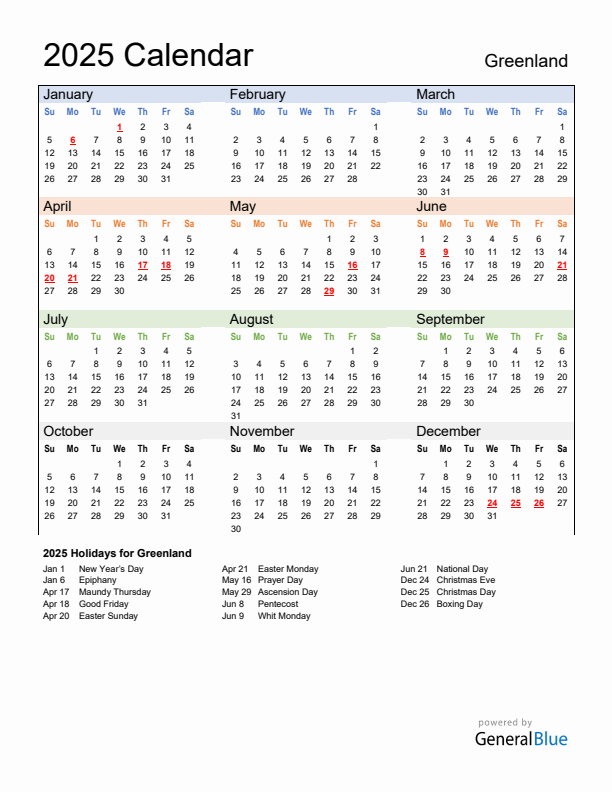 Calendar 2025 with Greenland Holidays