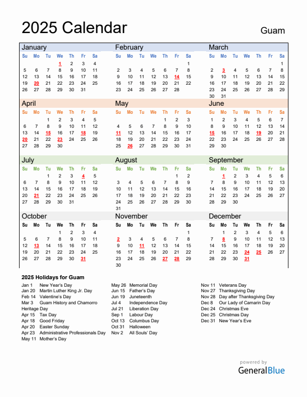 Calendar 2025 with Guam Holidays