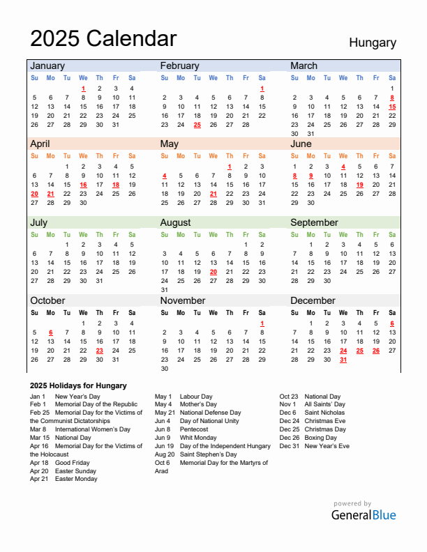 Calendar 2025 with Hungary Holidays