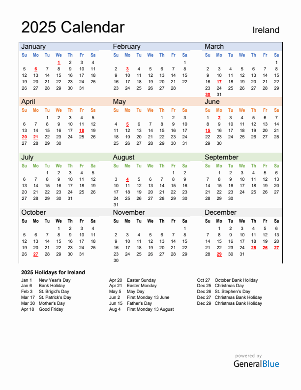 Calendar 2025 with Ireland Holidays