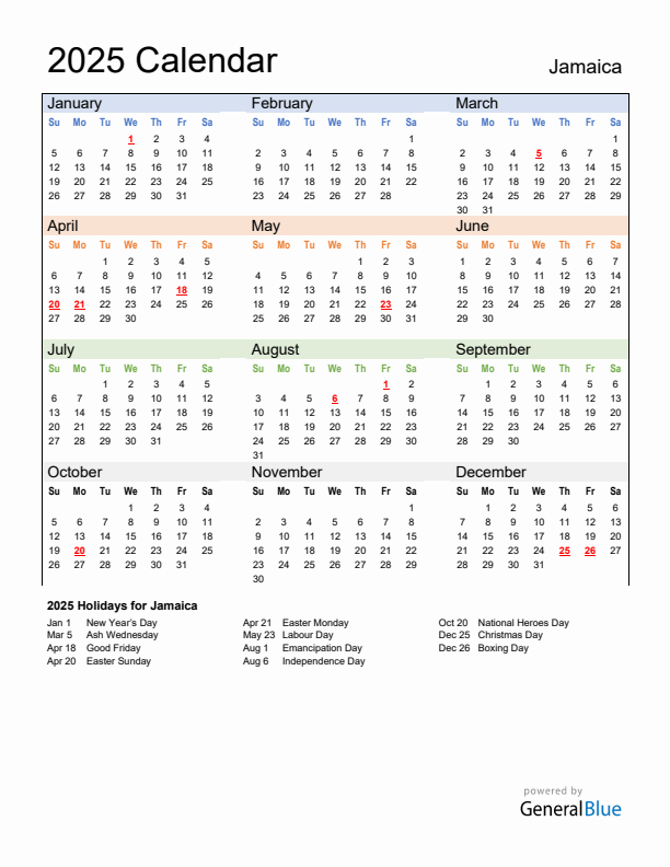 2025 Yearly Calendar for Jamaica with Holidays