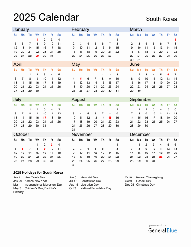 Annual Calendar 2025 with South Korea Holidays