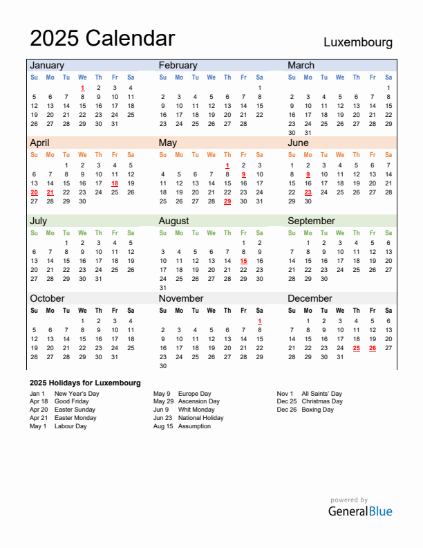 Calendar 2025 with Luxembourg Holidays