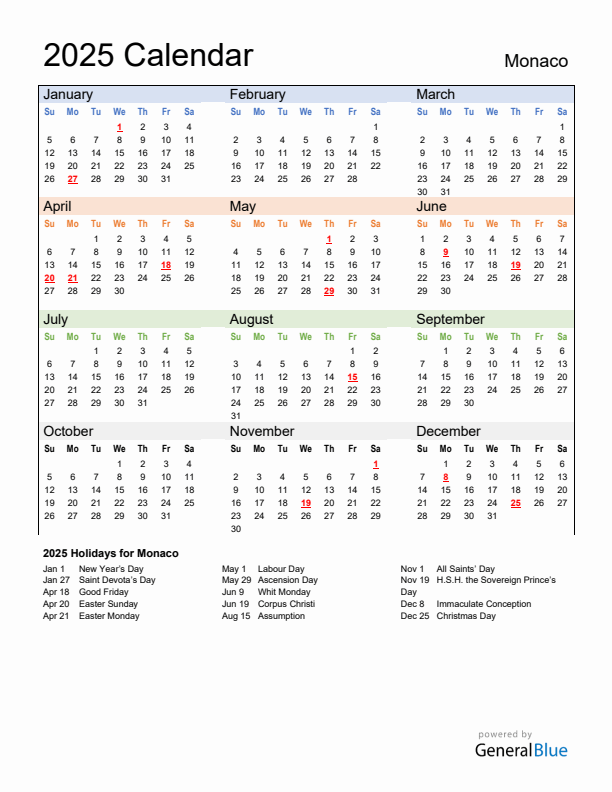 Calendar 2025 with Monaco Holidays