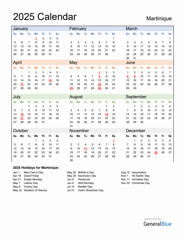 Calendar 2025 with Martinique Holidays