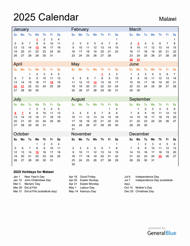 Calendar 2025 with Malawi Holidays