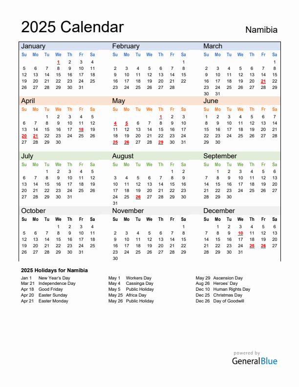 Calendar 2025 with Namibia Holidays