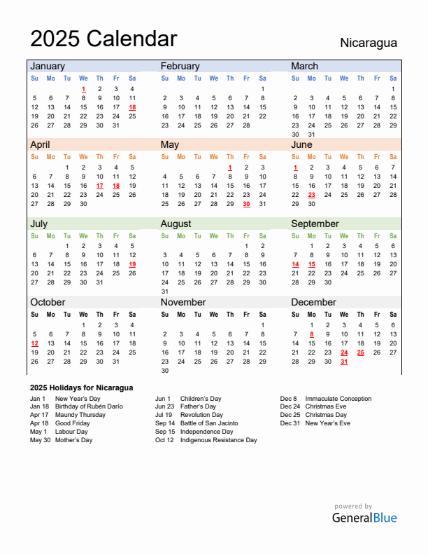 Calendar 2025 with Nicaragua Holidays