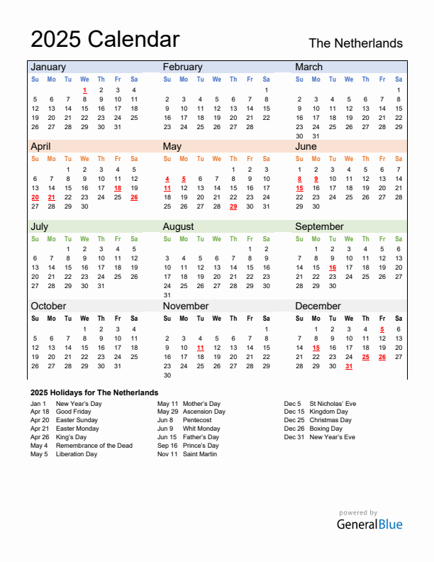 Calendar 2025 with The Netherlands Holidays