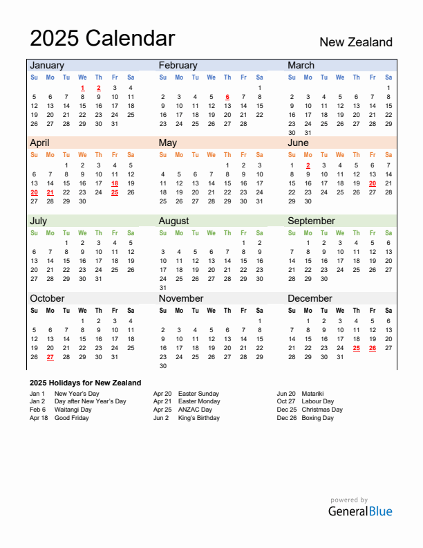 Calendar 2025 with New Zealand Holidays