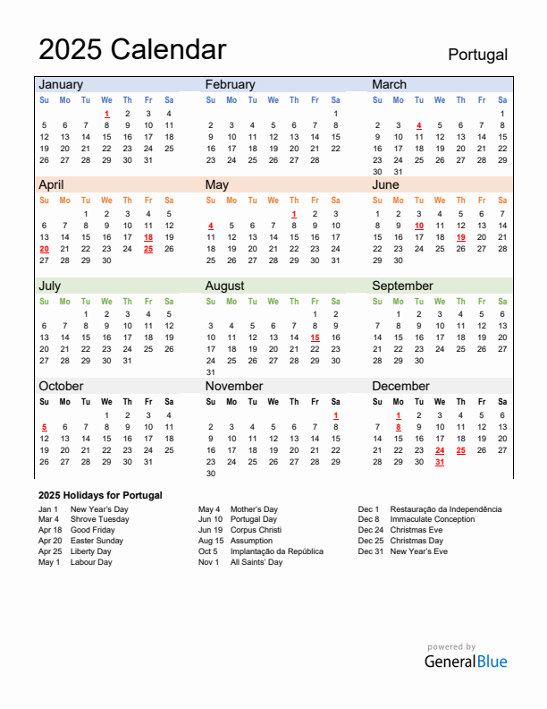 2025 Portugal Calendar with Holidays