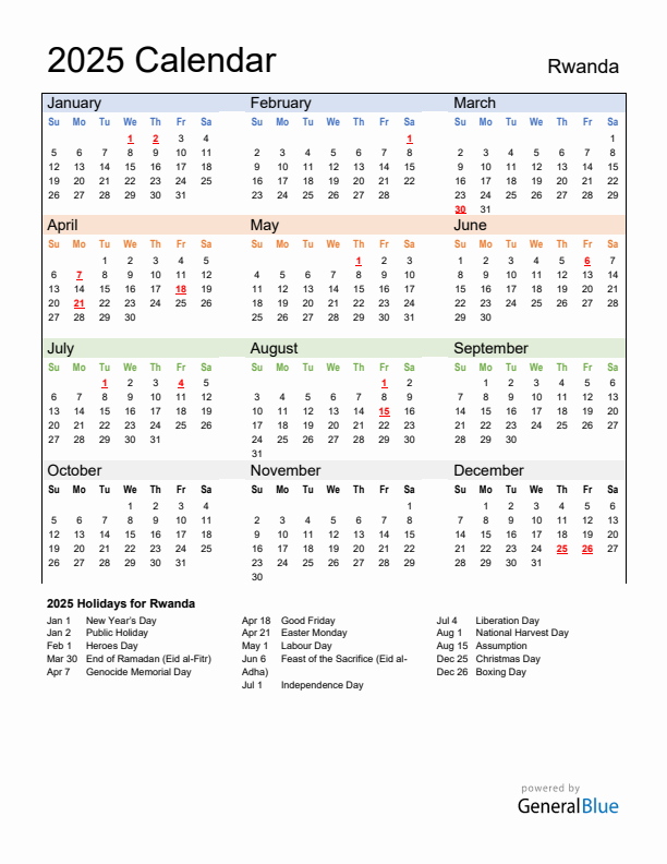 Calendar 2025 with Rwanda Holidays