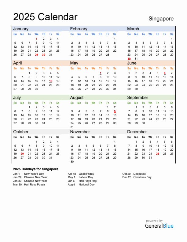 Calendar 2025 with Singapore Holidays