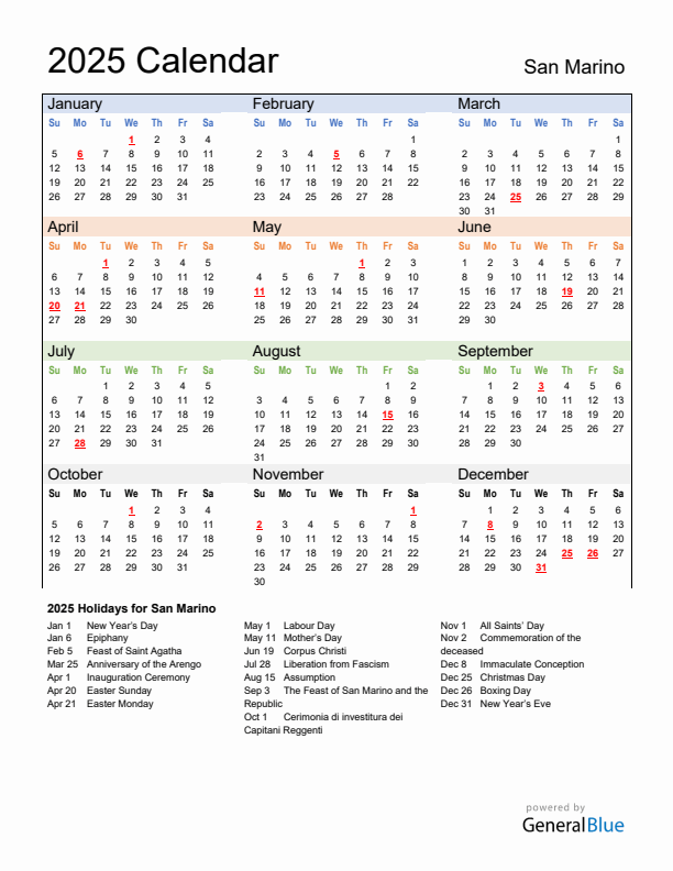 Calendar 2025 with San Marino Holidays