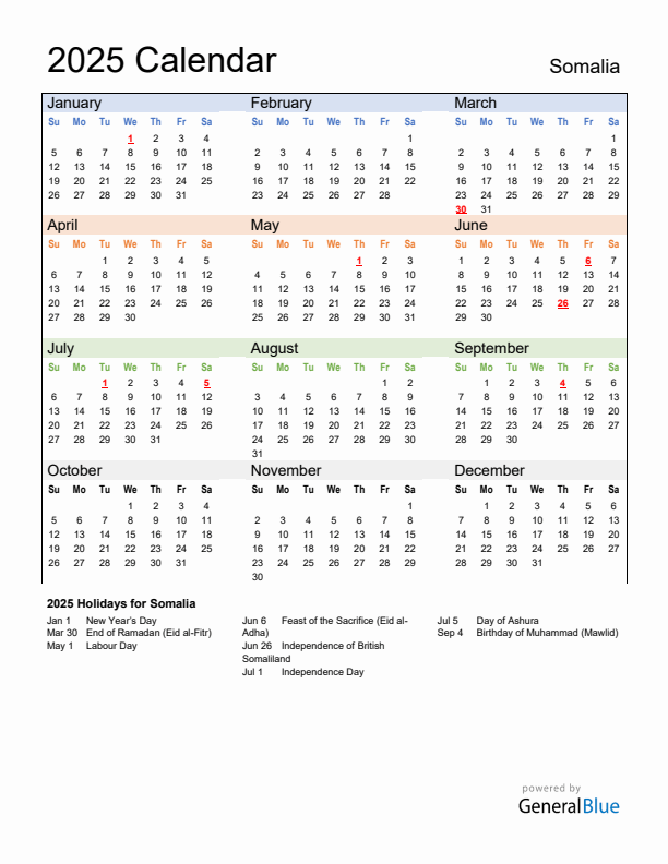 Calendar 2025 with Somalia Holidays