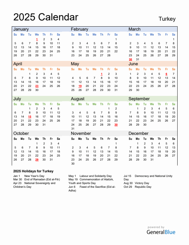 Calendar 2025 with Turkey Holidays