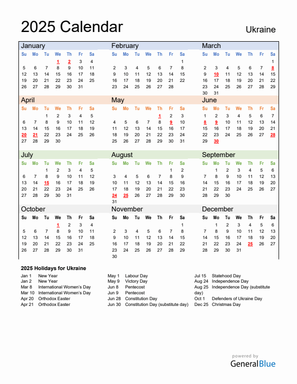 Calendar 2025 with Ukraine Holidays